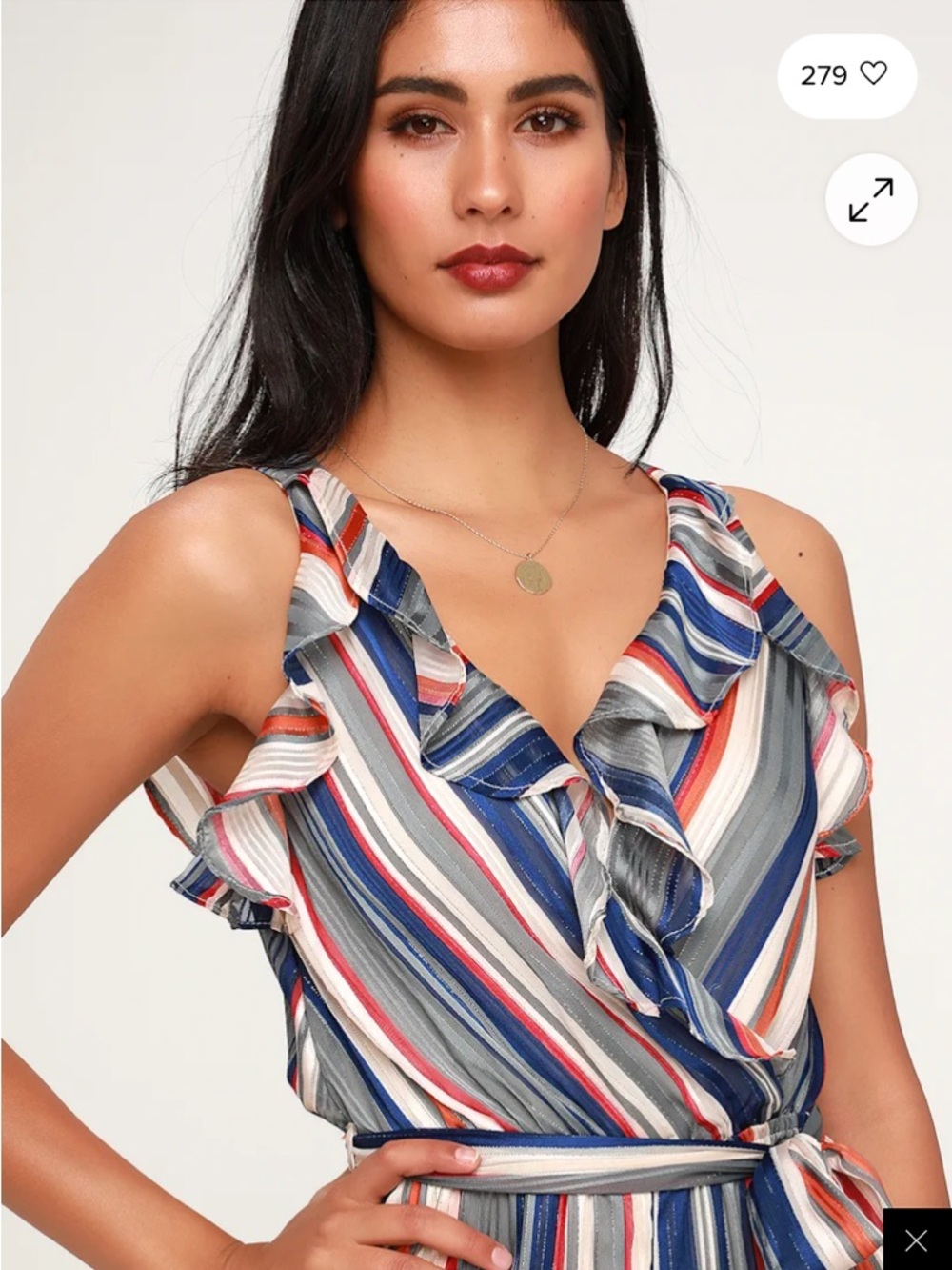 Lulus Divine Time Blue and Gray Multi Striped Wide Leg Jumpsuit, size M